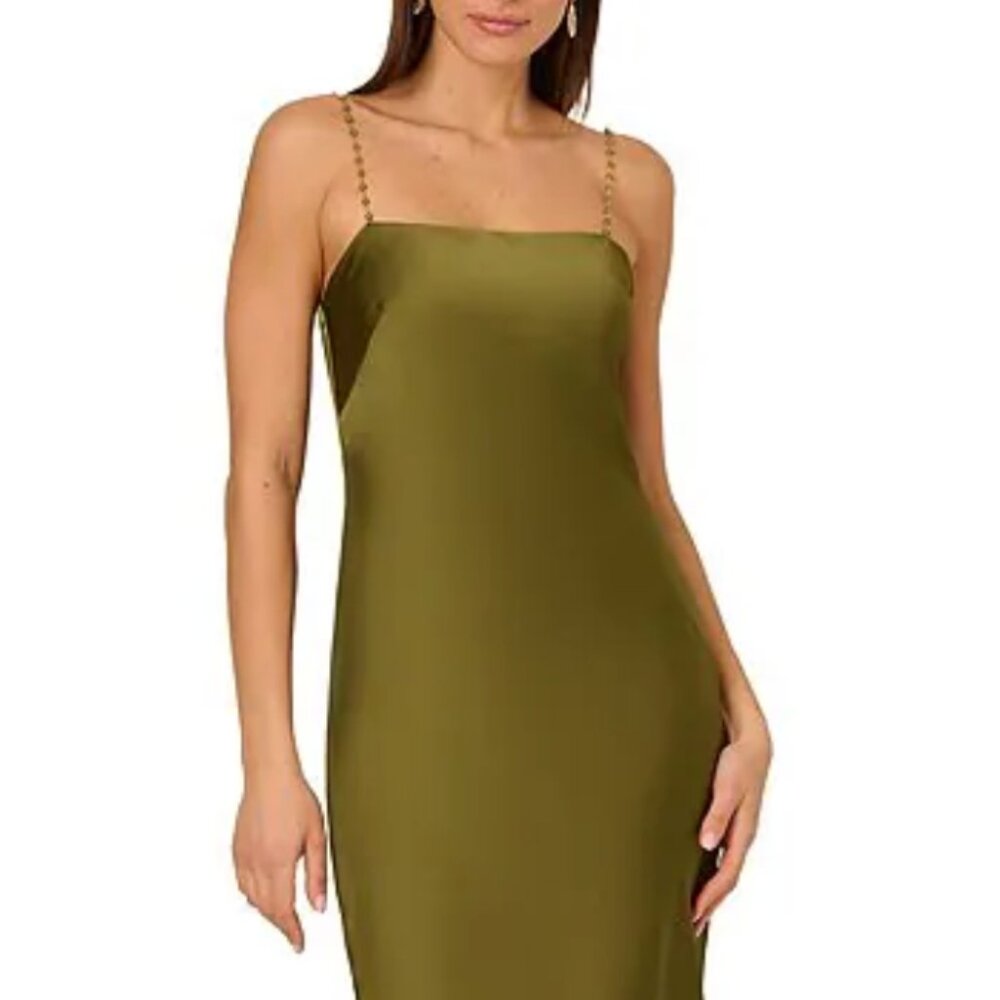 Adriana Papell Olive Beaded Strap Satin Dress